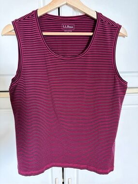 L.L. Bean Women's Fuscia and Black Striped Sleeveless Tank Top